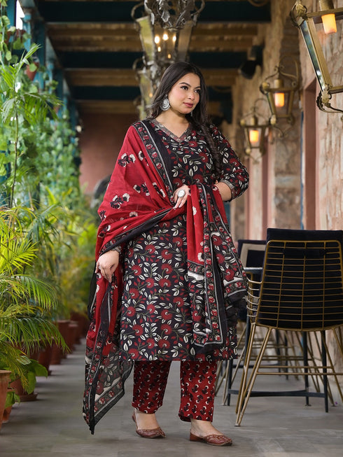 Women Plus Size Black Pure Cotton Kurta Set With Dupatta